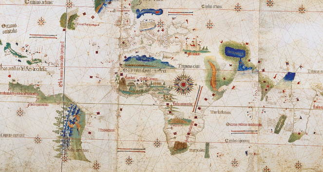 1502 Cantino, Alberto – Detalle del Mappa Mundi,  Terranova, Indias Occidentales, Sudamerica, Europa y Africa