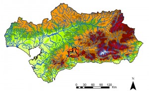 Ubicación de la zona de estudio en la Comunidad Autónoma de Andalucía en relación con la altimetría y la hidrología