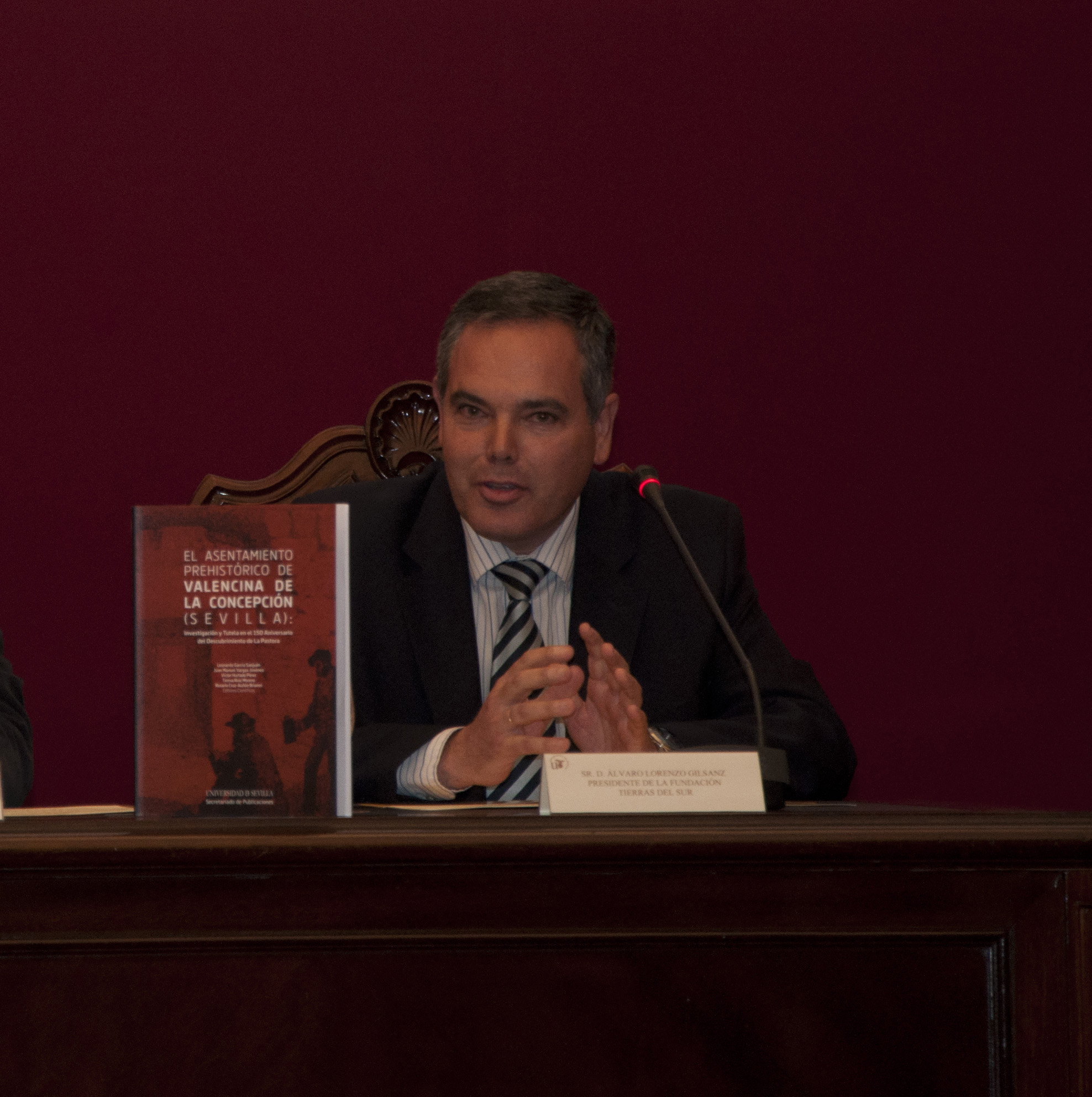 Álvaro Lorenzo Gilsanz, presidente de la Fundación Tierras del Sur, durante la presentación del libro Valencina Prehistórica, el 26 de abril de 2013.