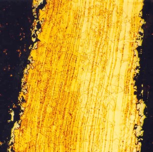 Metalografía de fragmento de posible hoja de cuchillo de cobre de la tumba colectiva de El Algarrobillo (Valencina de la Concepción , Sevilla) (atacada, x125). Según Hunt Ortiz, 2003: Foto 3. 