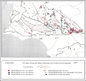 Principales depósitos minerales en el Suroeste de la Península Ibérica. Según Hunt Ortiz, 2003: Mapa 1. 