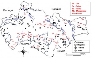 Poblamiento de la Edad del Cobre en la Sierra de Huelva y principales depósitos metaliferos. Según García Sanjuán, 1999.