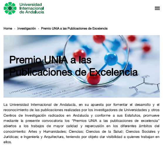 Obtenemos el Premio de la Universidad Internacional de Andalucía (UNIA) a Publicaciones de Excelencia.