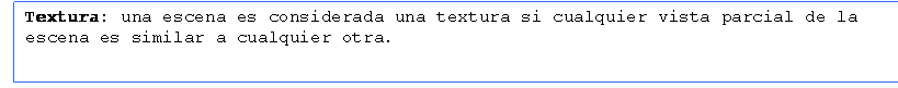 Cuadro de texto: Textura: una escena es considerada una textura si cualquier vista parcial de la escena es similar a cualquier otra.

