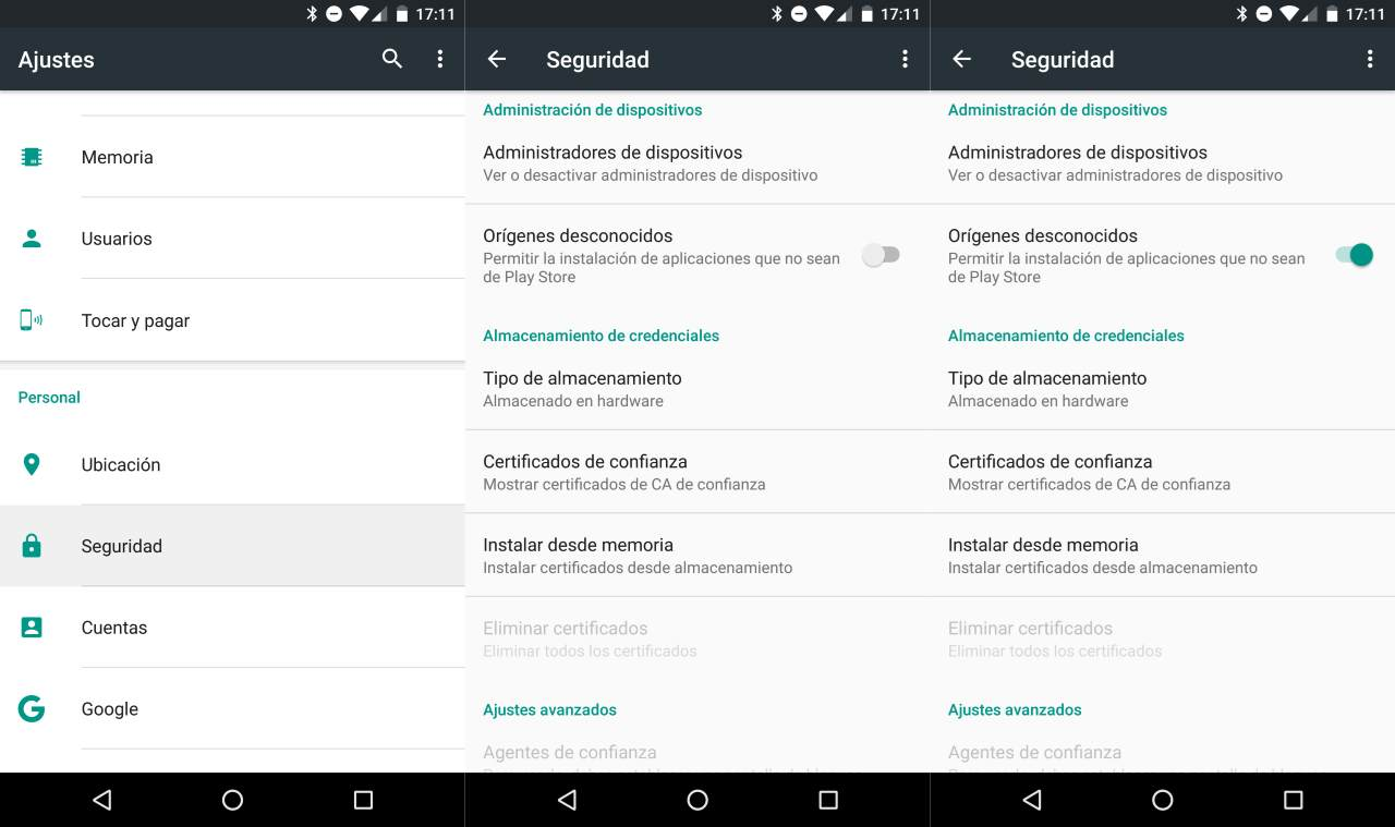 Capturas de pantallas para la activación de la instalación de Apps a través de un archivo .apk