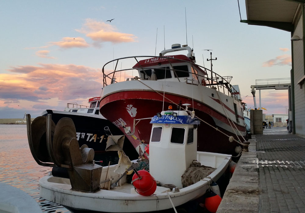 Embarcación de artes menores y arrastrero al fondo