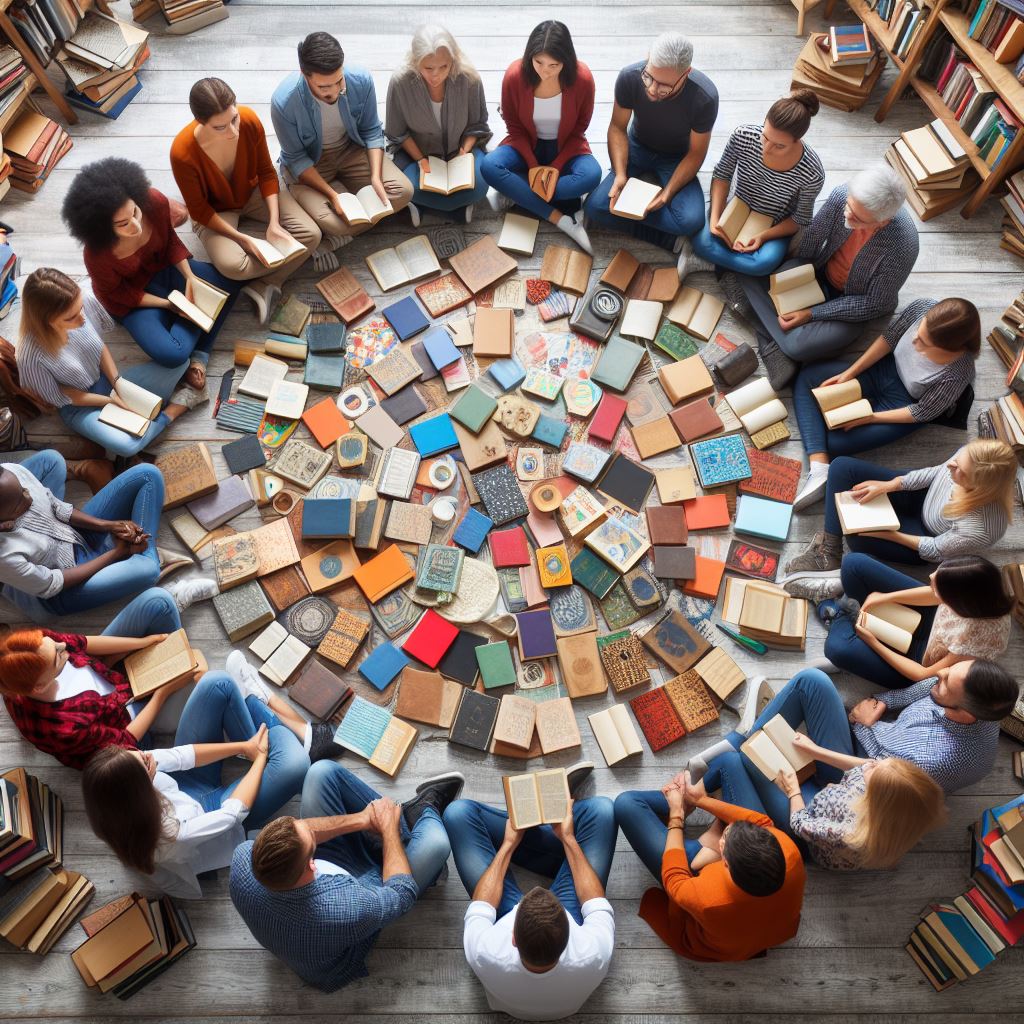 Imagen portada: Grupo de personas sentadas en circulo leyendo alrededor de unos libros